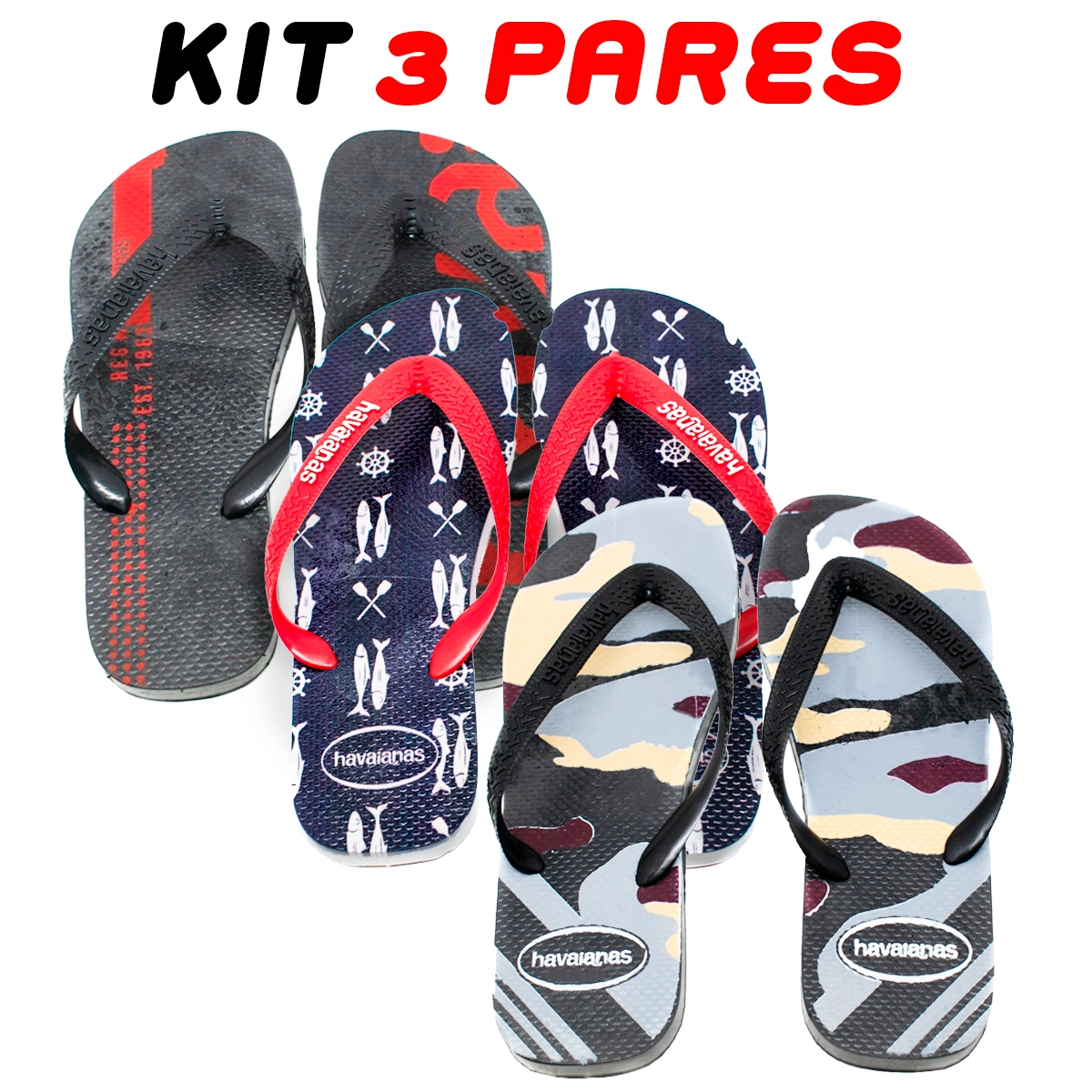 Kit 3 Chinelos Masculino Havaianas Sortidos