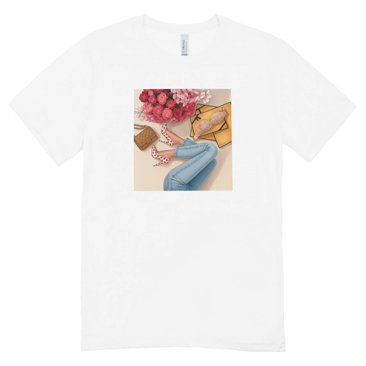 Camisa Feminina Baby Look Flores, Salto e Glamour