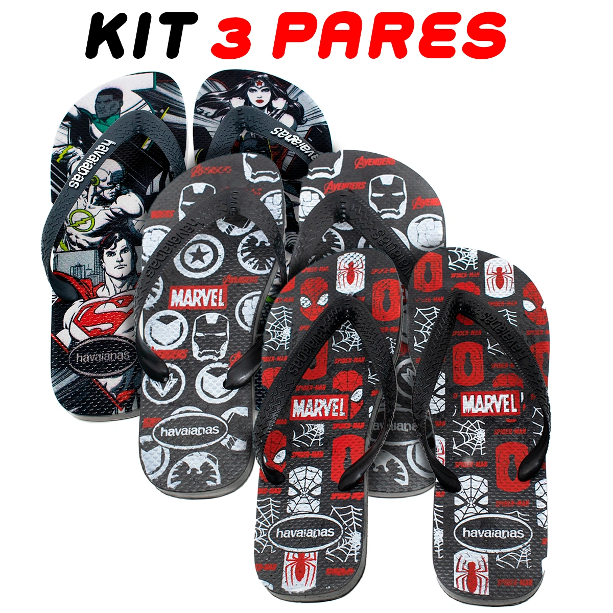 Kit 3 Chinelos Masculino Havaianas Heróis